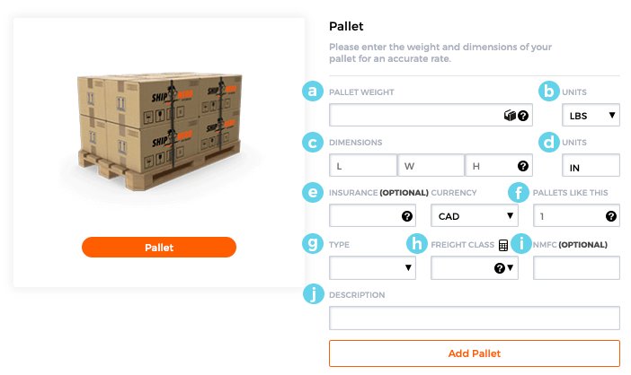 LTL Freight Shipping Dashboard - How to enter pallet details 