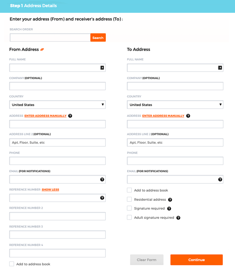 Step 1 - How to Create a Package Shipping Label. Image shows Address Details input fields.