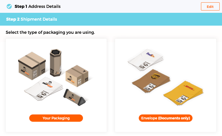 Step 2 - How to Create a Package Shipping Label. Image shows Shipment Details options to select package type.
