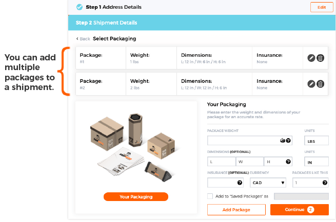 Step 2 - How to Create a Package Shipping Label. Image shows where to enter weight and dimensions and insurance for one or more packages.