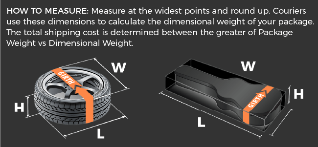 illustration shows how to measure tires, or a guitar or other irregular shape item for shipping.