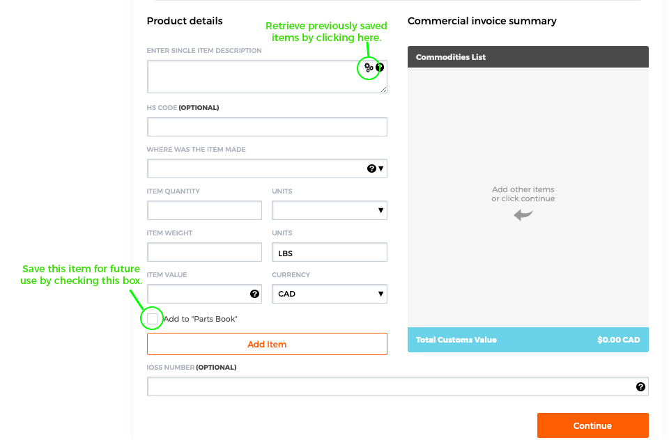 screen capture showing how to enter Customs and Commercial Invoice details for shipping order.