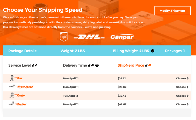 screen capture shows discounted shipping rates for package delivery from competing couriers.