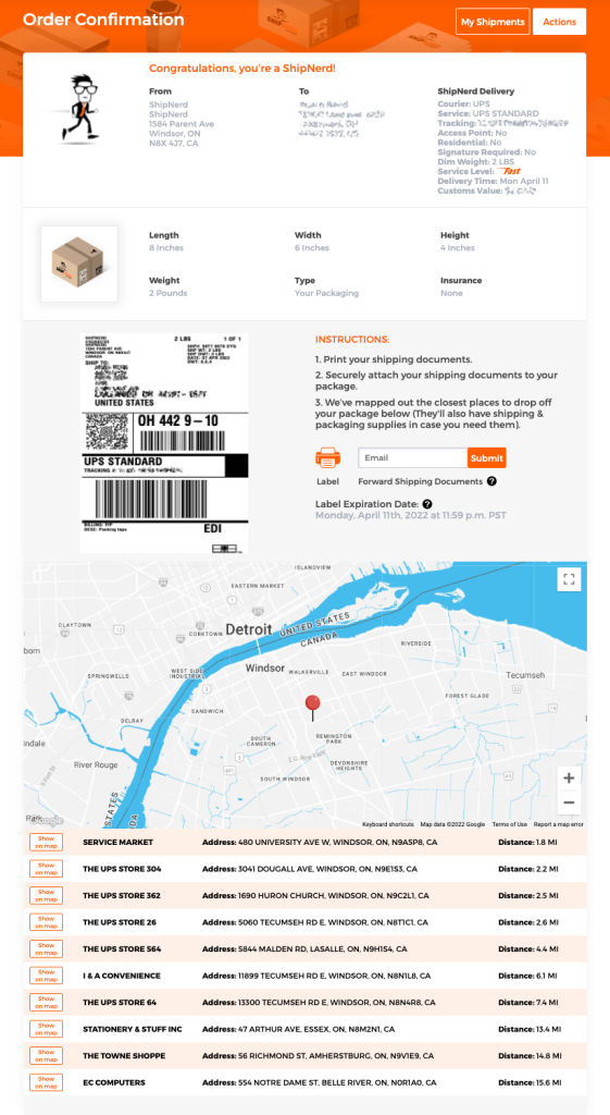 screen capture - Final step shows shipping label and document printing details with map and list of local package drop-off locations.