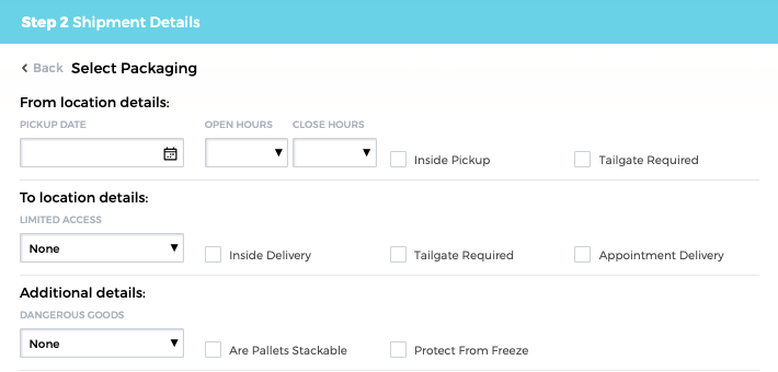 LTL Freight, Shipping Dashboard - setting pickup / delivery options re: loading dock, lift-gate / tailgate, and other shipment details