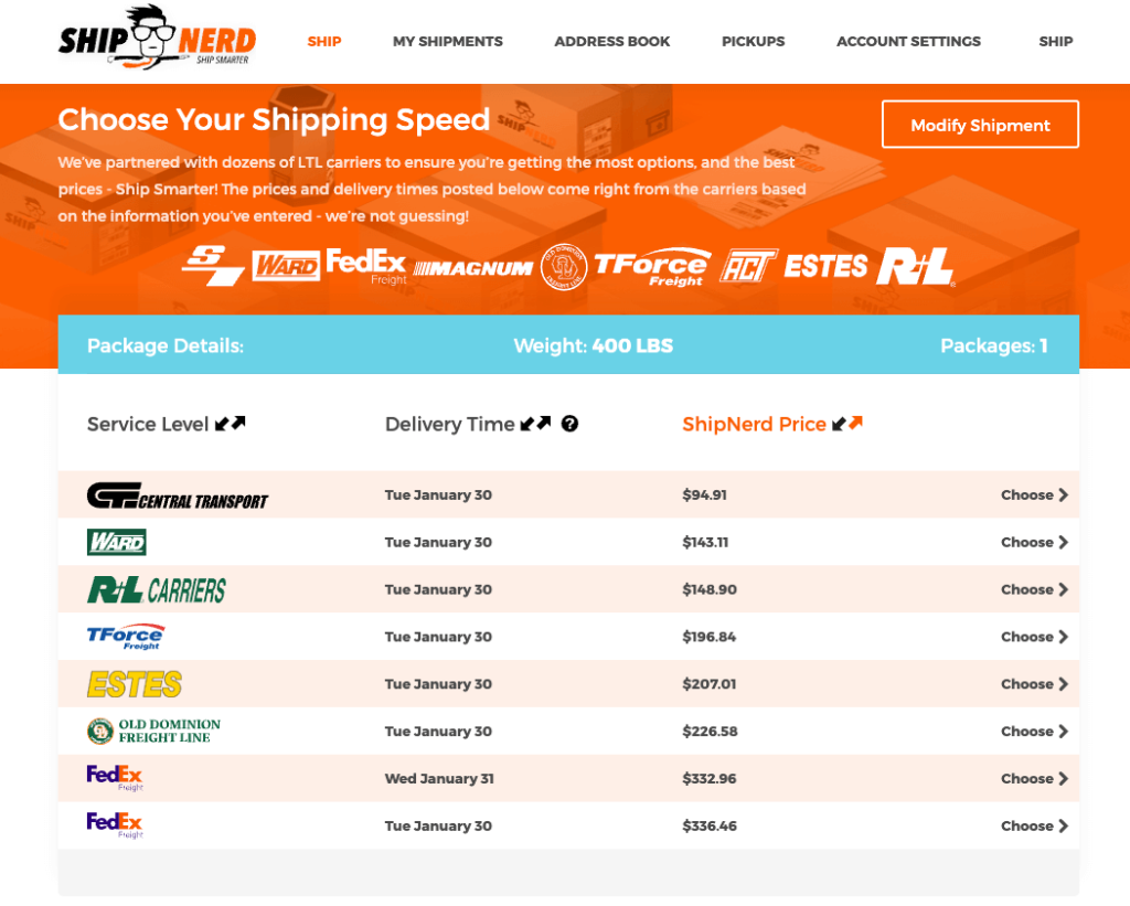 View of real-time LTL Freight Rates in Shipping Dashboard